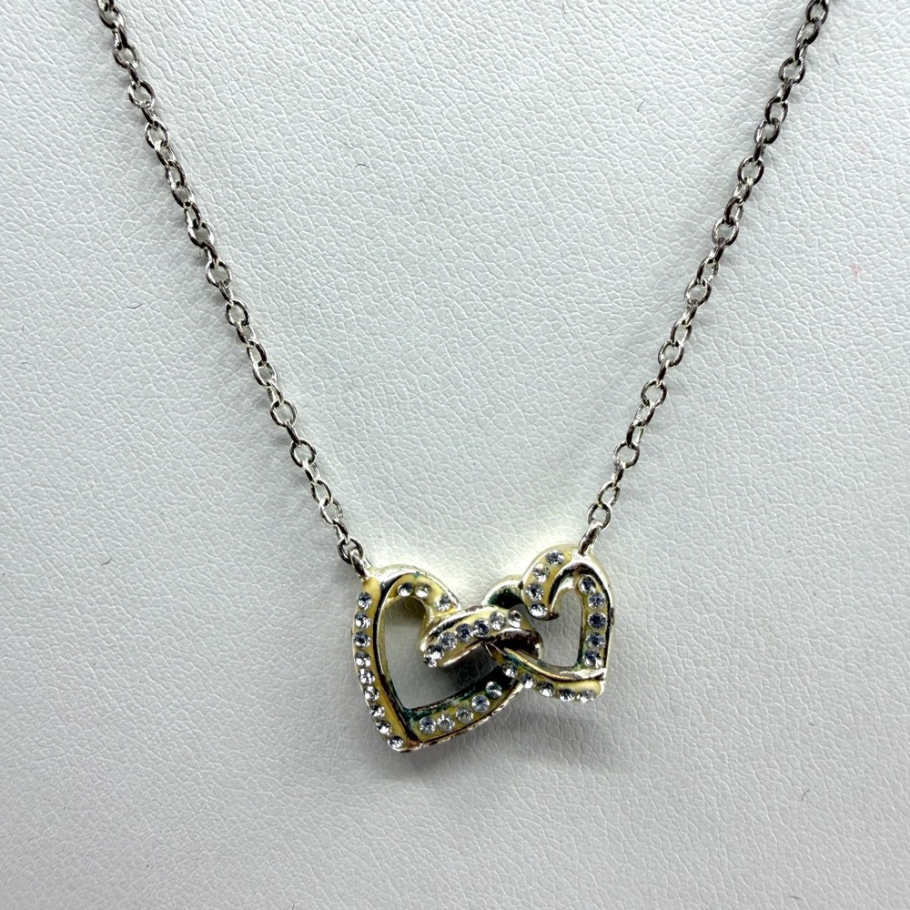 Romantic Silver Tone Interlocked Hearts Pendant Necklace Crystal Accent Jewelry